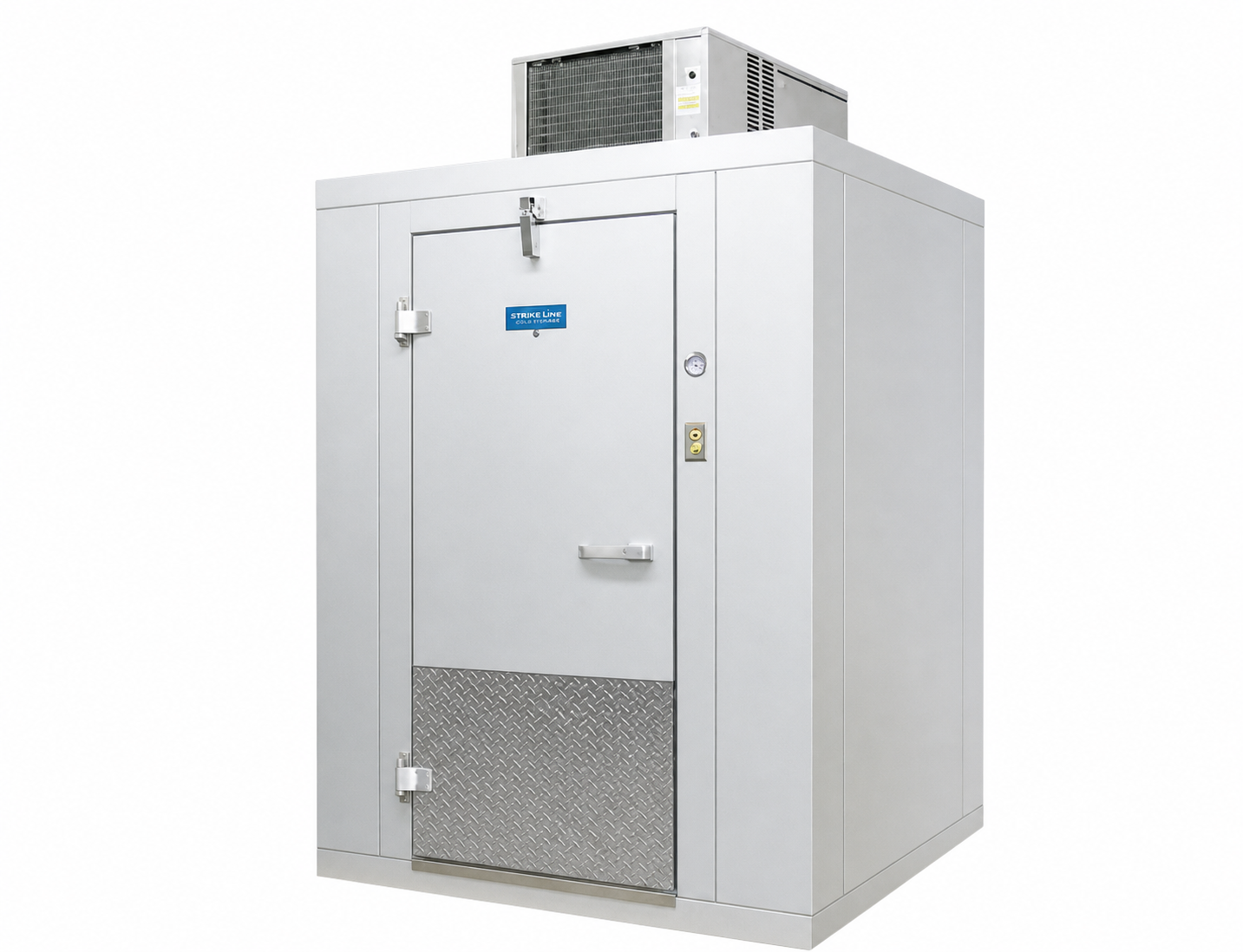 Camara frigorifica compacta con puerta frontal y unidad superior.